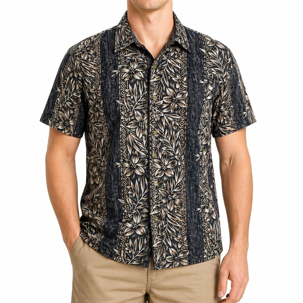Cooke Street Hawaiian Aloha Shirt XL Plumeria Flowers Tribal Reverse Print Black